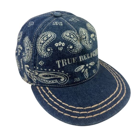 True Religion Blue Paisley Denim Hat Adjustable Strapback Hat - Picture 1 of 7